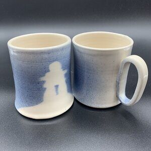 Elizabeth Block Pottery Inukshuk Set of 2 Mugs Blue Cream
